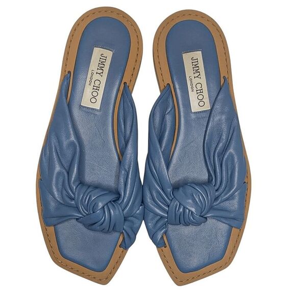 Jimmy Choo Tropica Blue Leather Flat Sandals EU 38 Slip On Square Toe Slide - Picture 2 of 9